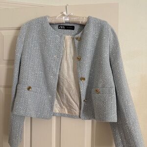 Zara baby blue white tweed blazer
